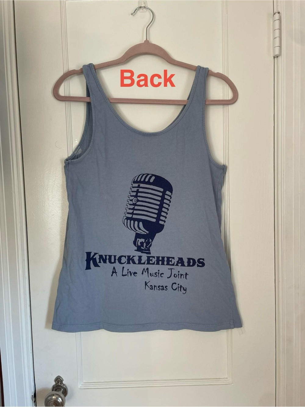 Knuckleheads Light Blue Tank Top with Navy Microphone Graphic